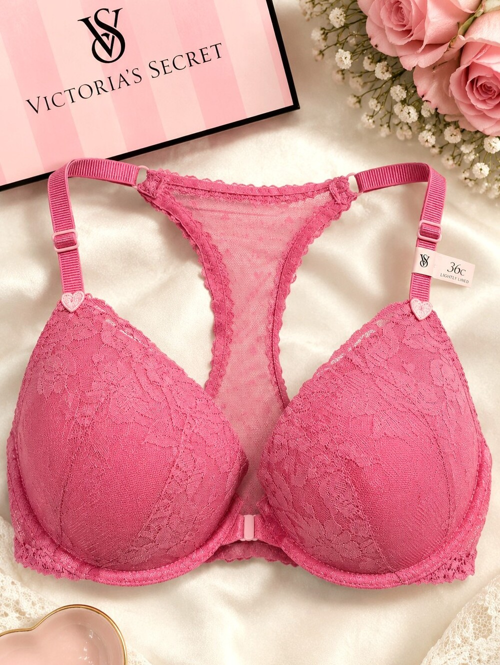 Victoria's Secret Coquette Pink Lace Mesh Hearts Racerback Lightly Lined Bra 36C